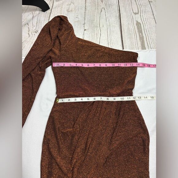 One Shoulder Gigot Sleeve Wrap Glitter Dress - Picture 5 of 6